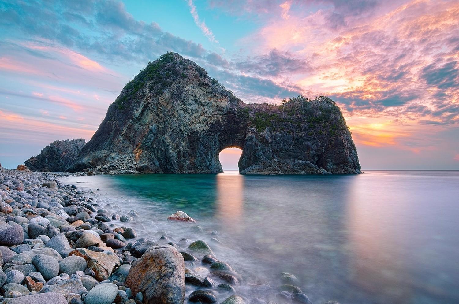 rock, Gates, Sunset, Beach, Sea, Clouds, Japan, Coast, Nature