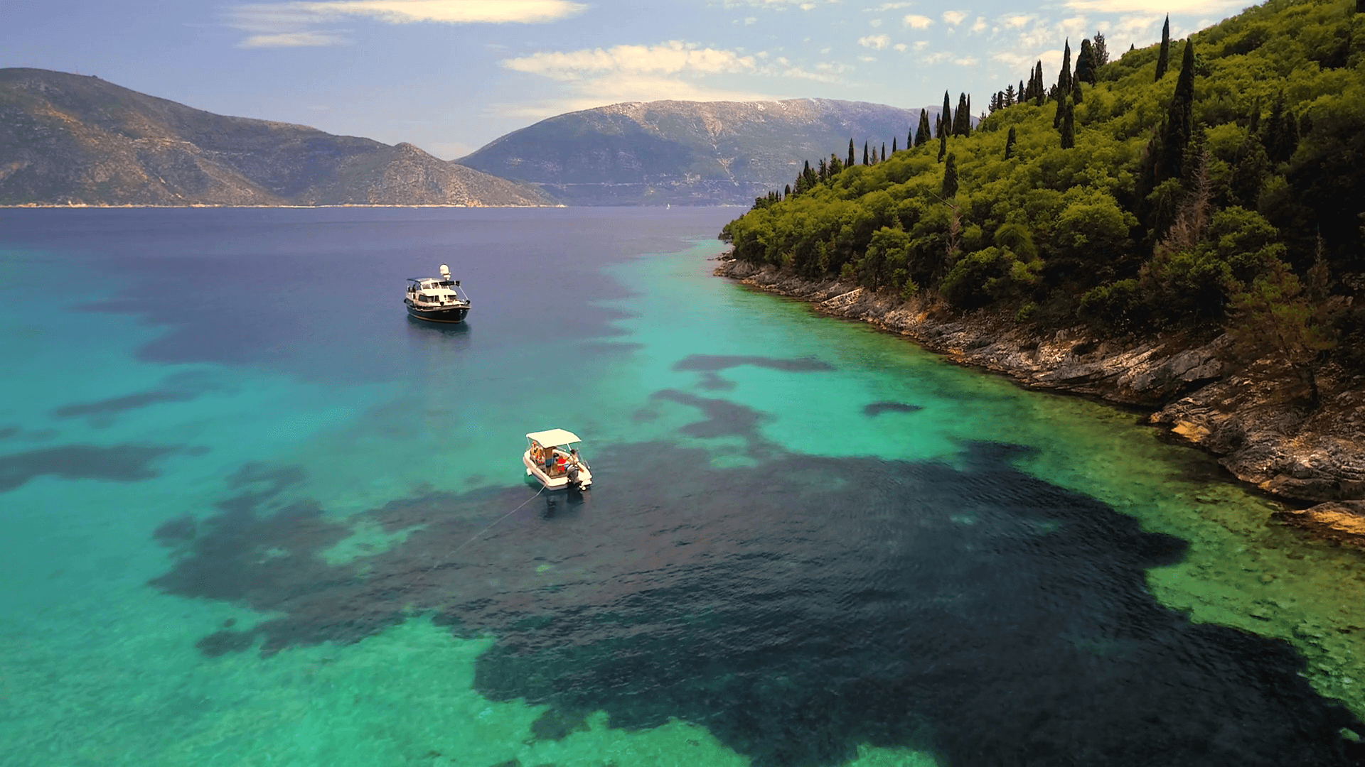 Aerial view of Kefalonia (Greece) by drone. Beautiful landscape