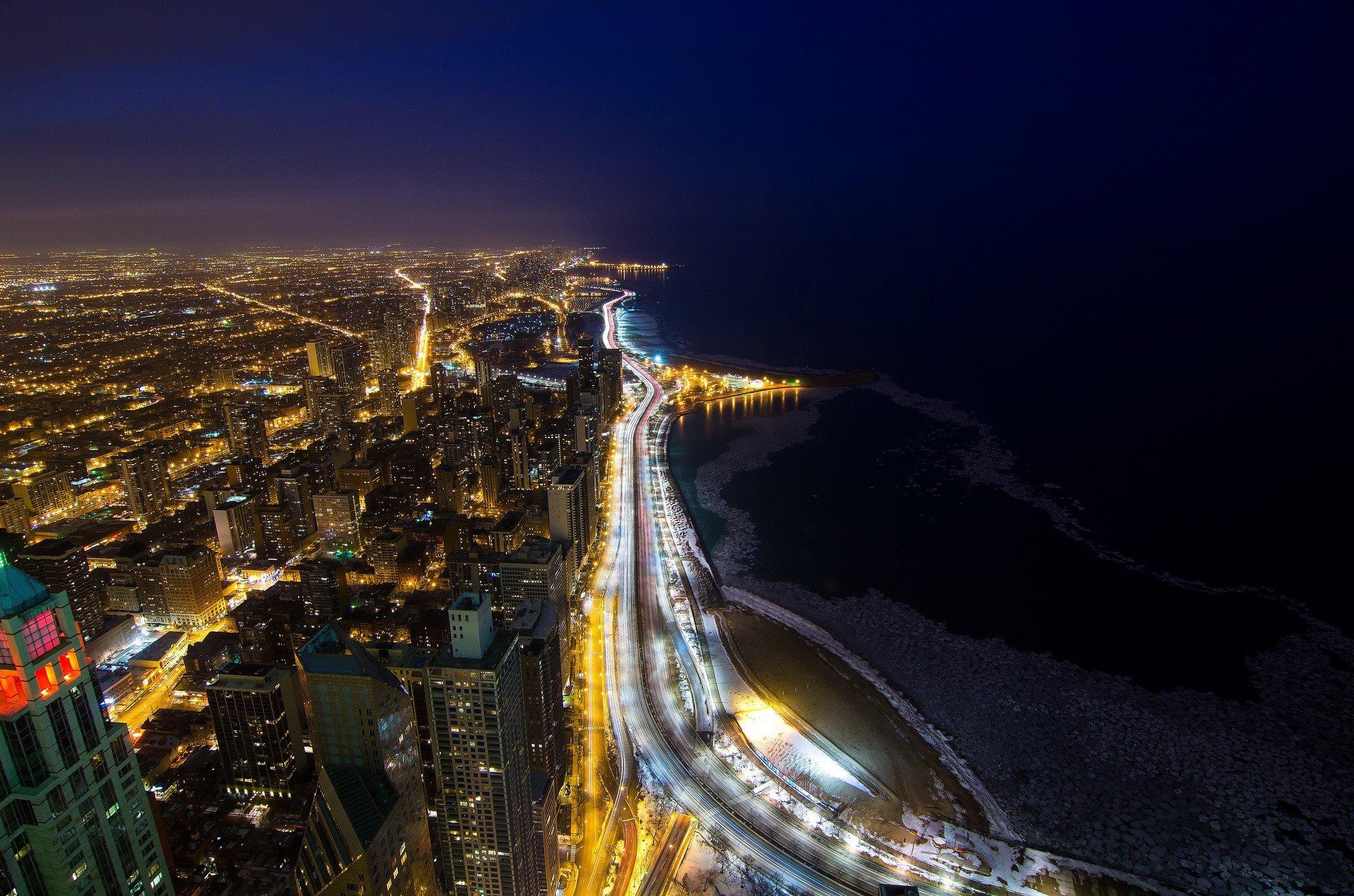 chicago city night lights lake shore drive wallpaper