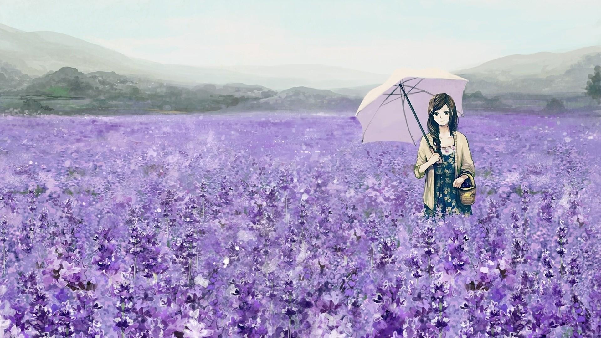 meadows, anime, baskets, umbrellas, anime girls, purple flowers