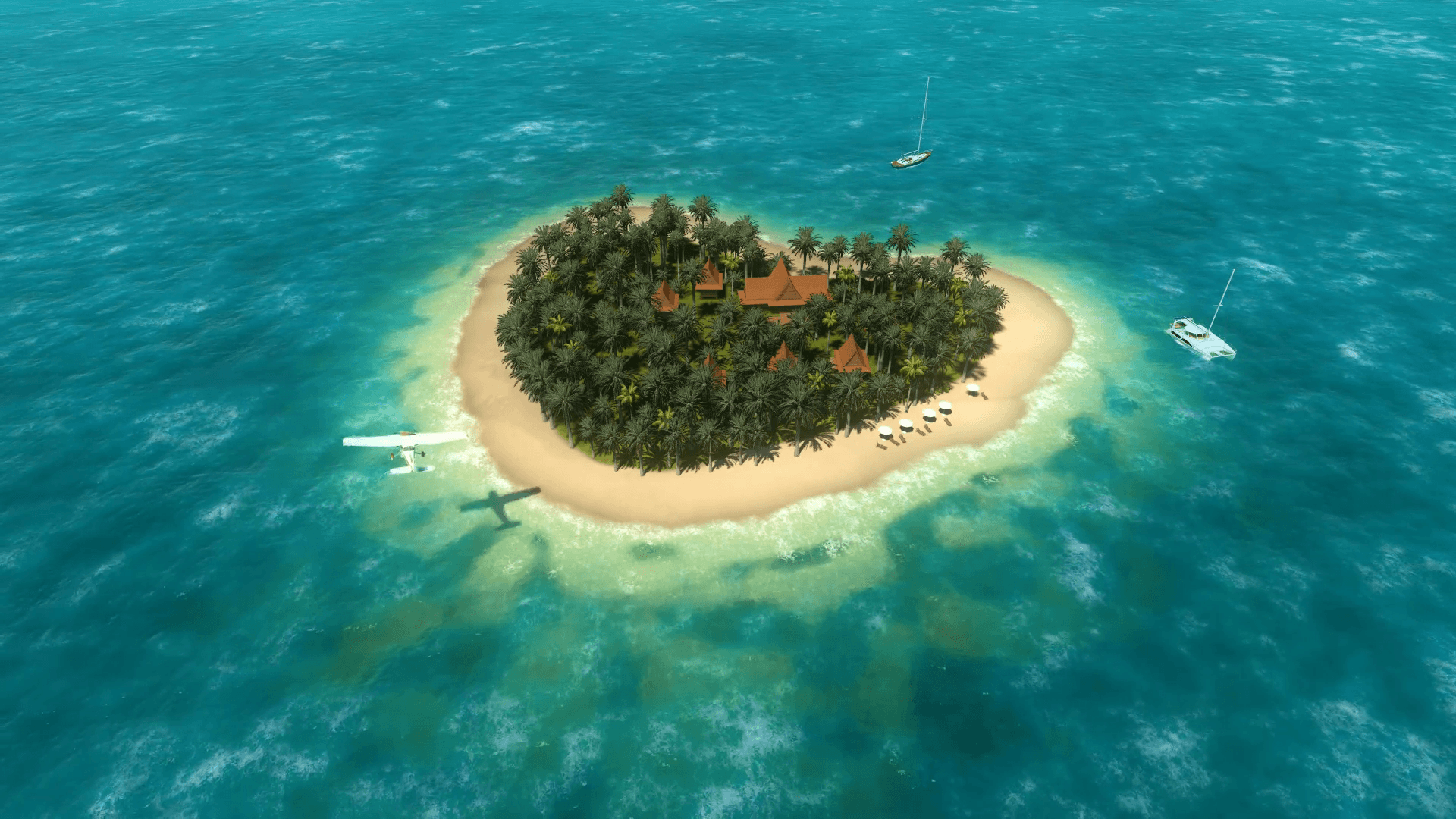 Small propeller airplane landing approach near the heart shaped tropical island with a few yachts around it. Realistic 3D animation. Aerial view