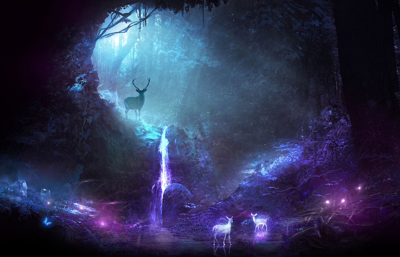 Deer Animal Night Fantasy Waterfall 1400x900 Resolution HD