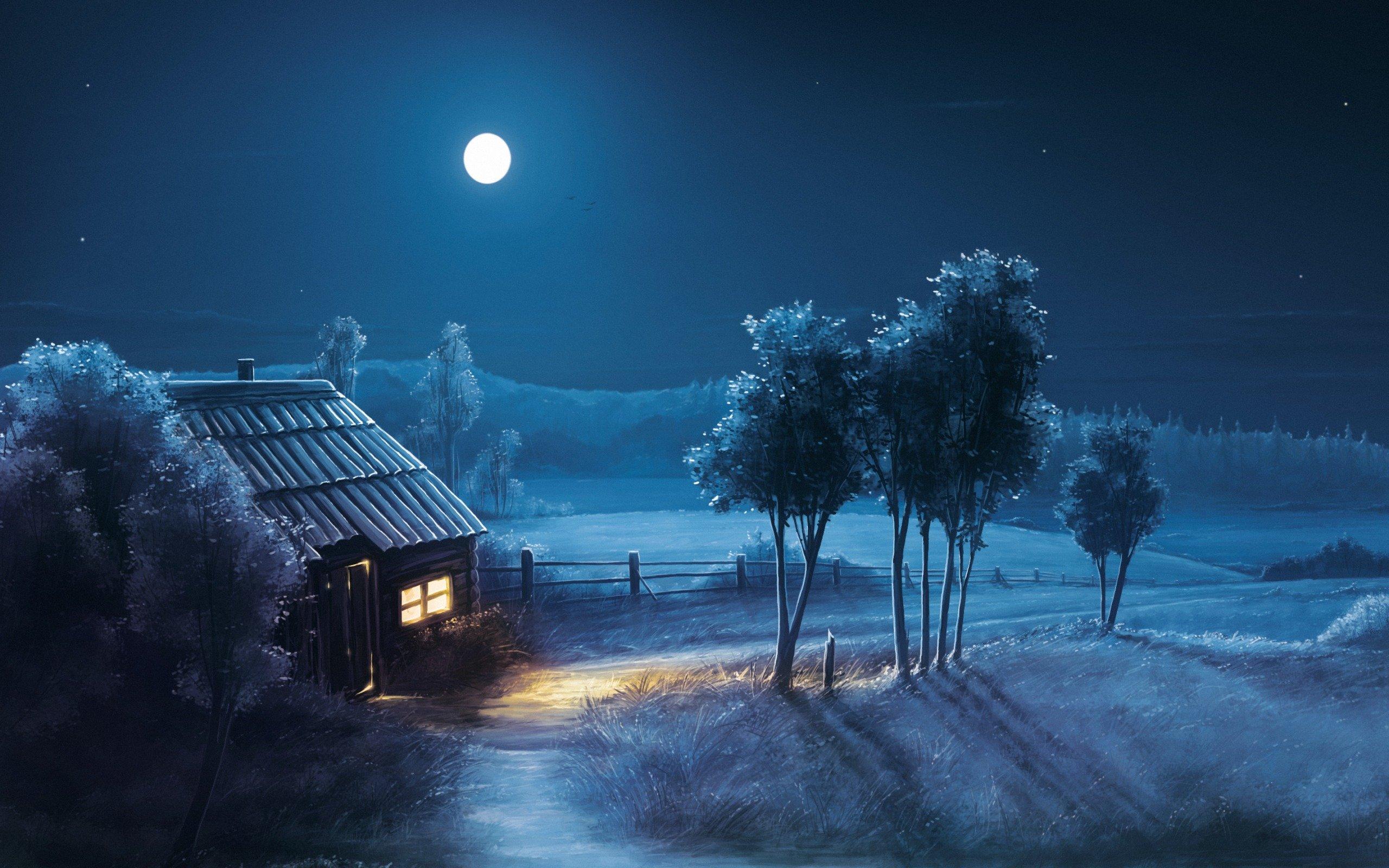 Fantasy night house moon blue wallpaperx1600
