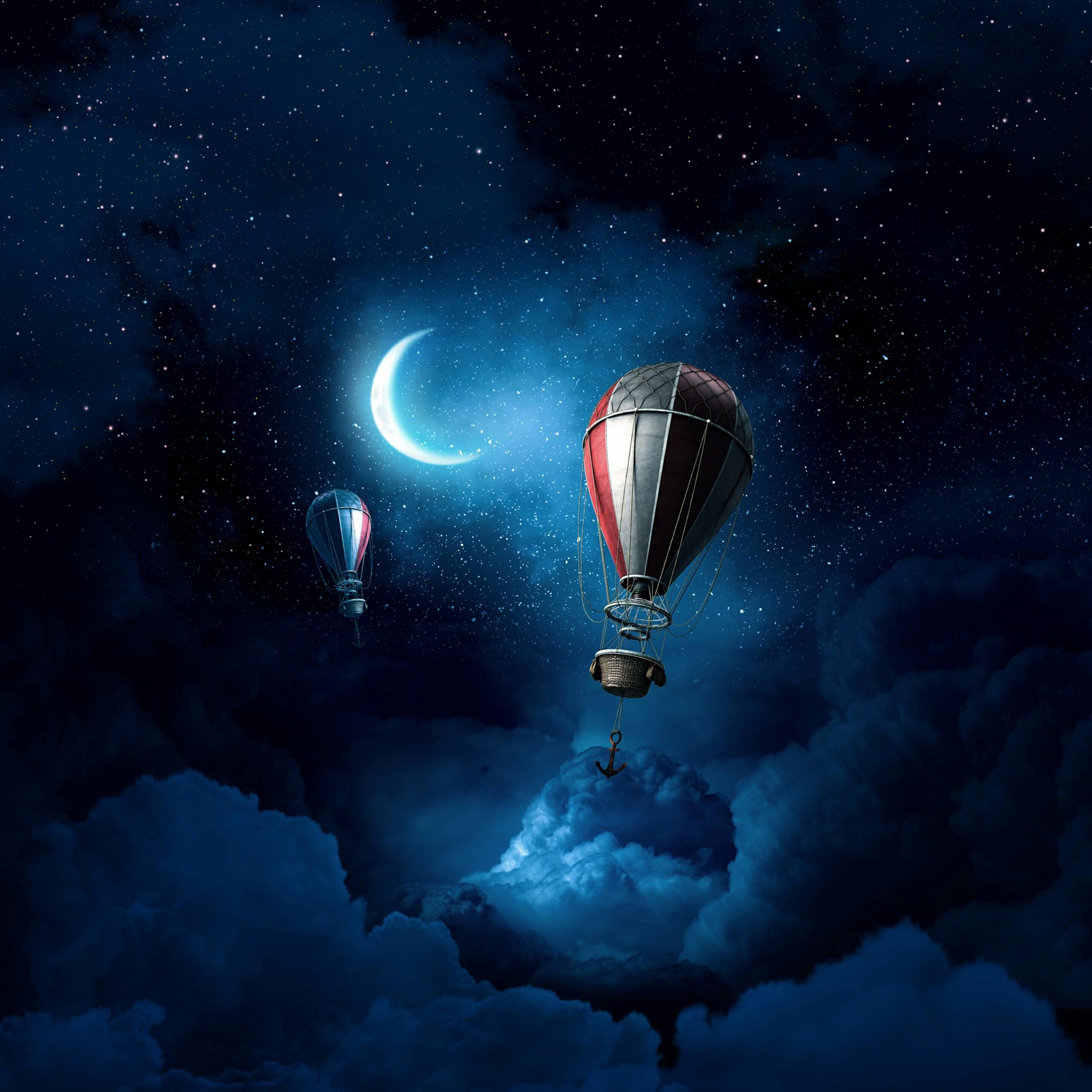 Hot Air Baloon Anchored Over The Clouds On A Starry Night Fantasy