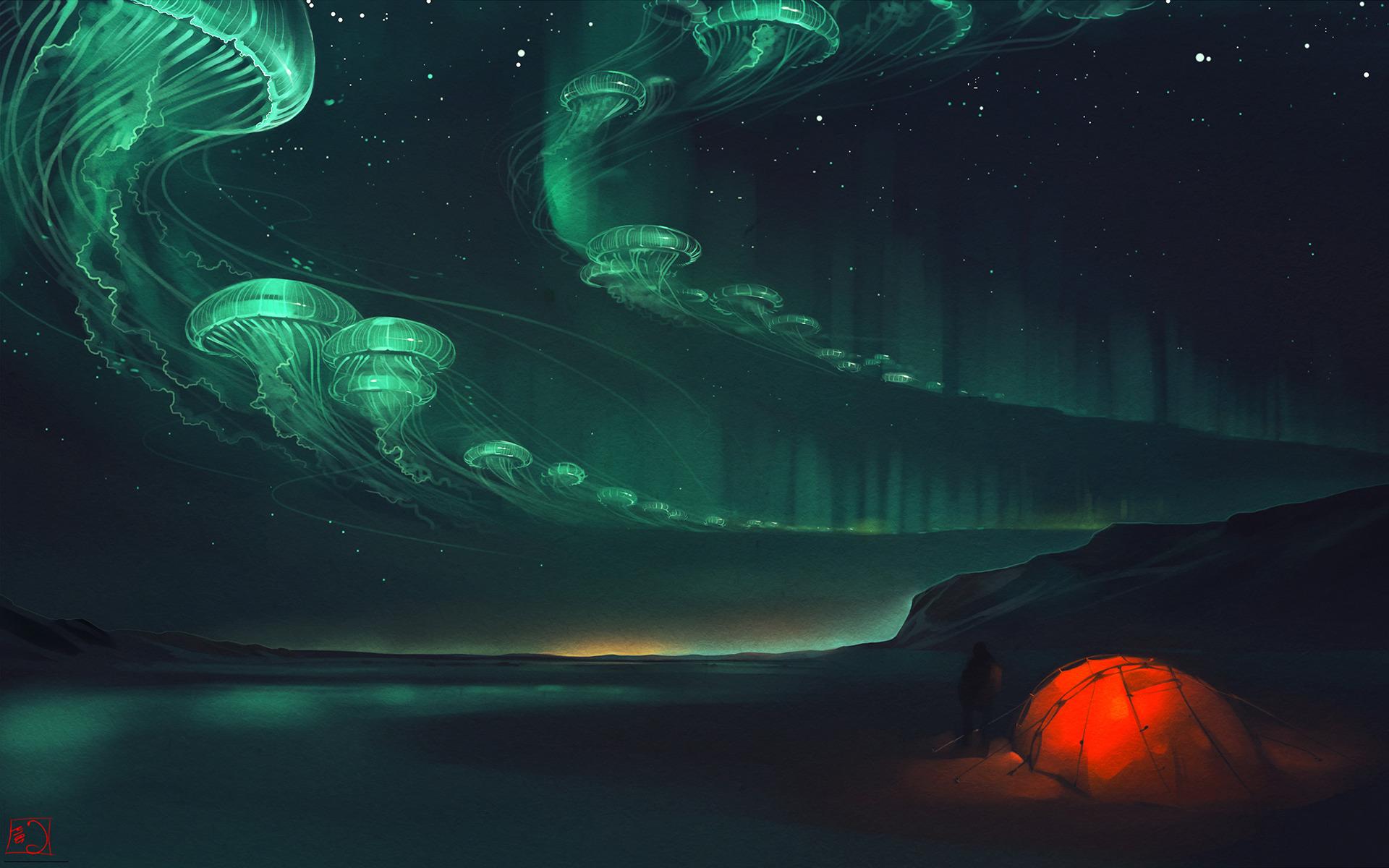 artwork fantasy art surreal tents jellyfish glowing aurorae