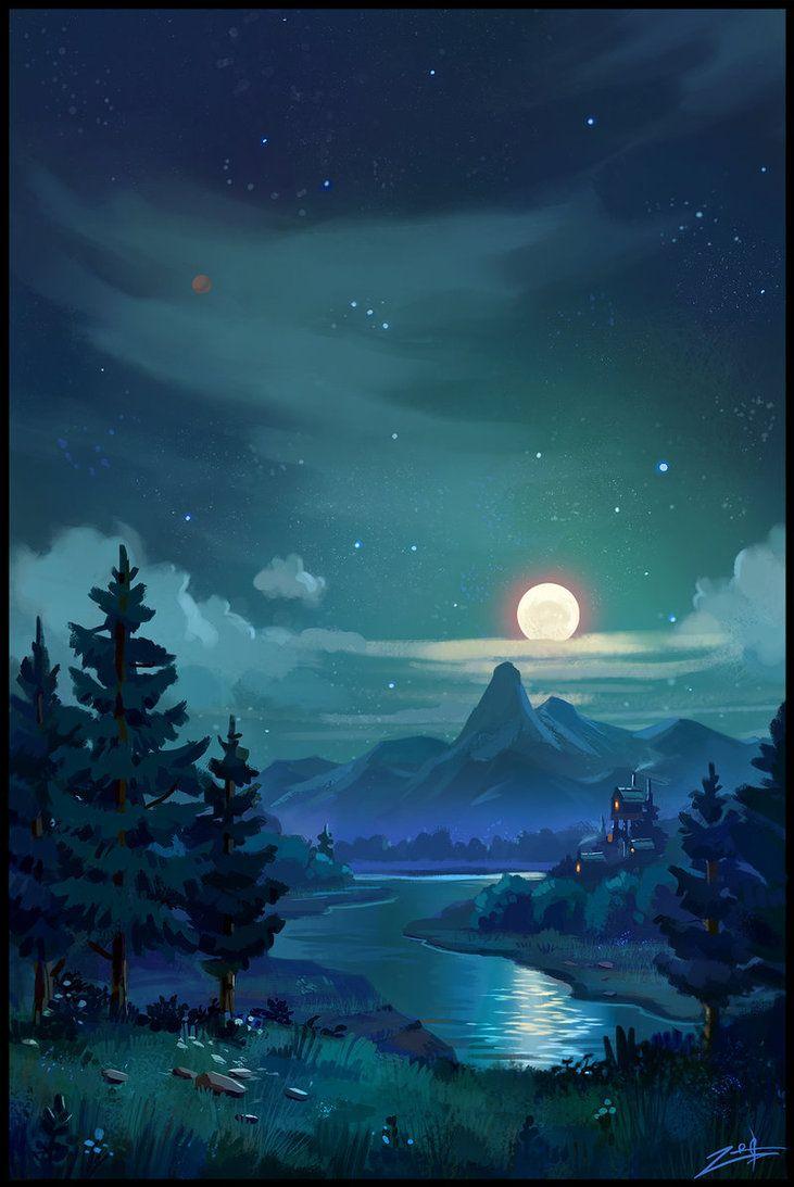 Night. Anime scenery, Landscape art