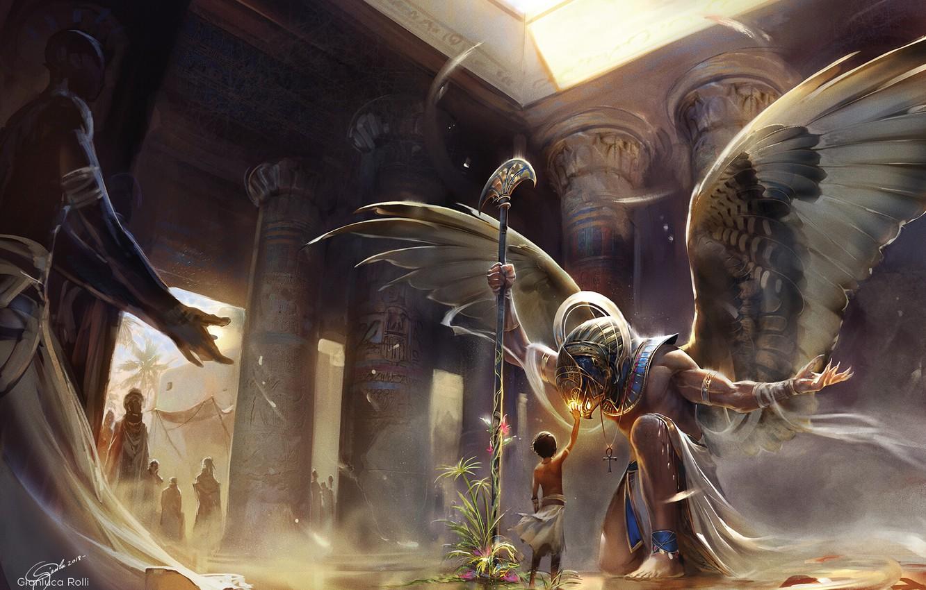 Wallpaper God, wings, boy, columns, temple, Egypt, wings, Egypt, boy