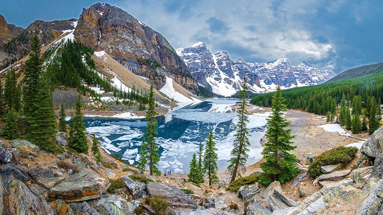 Picture Banff Canada Moraine Lake Nature Spruce Mountains Snow Parks
