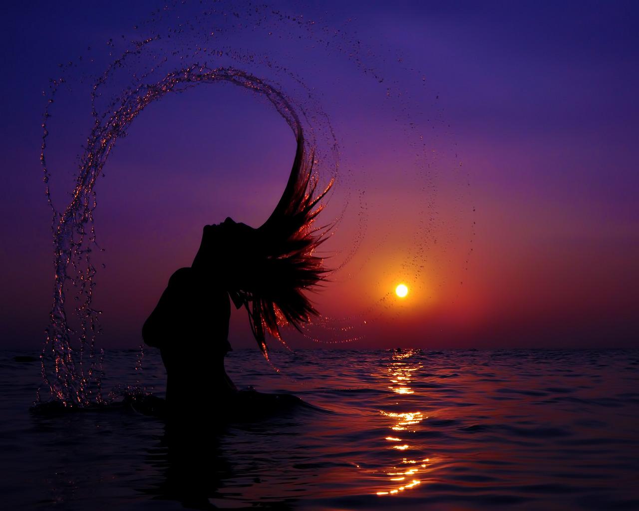 Wallpaper silhouettes Sea Sun Hair Girls Water splash Water