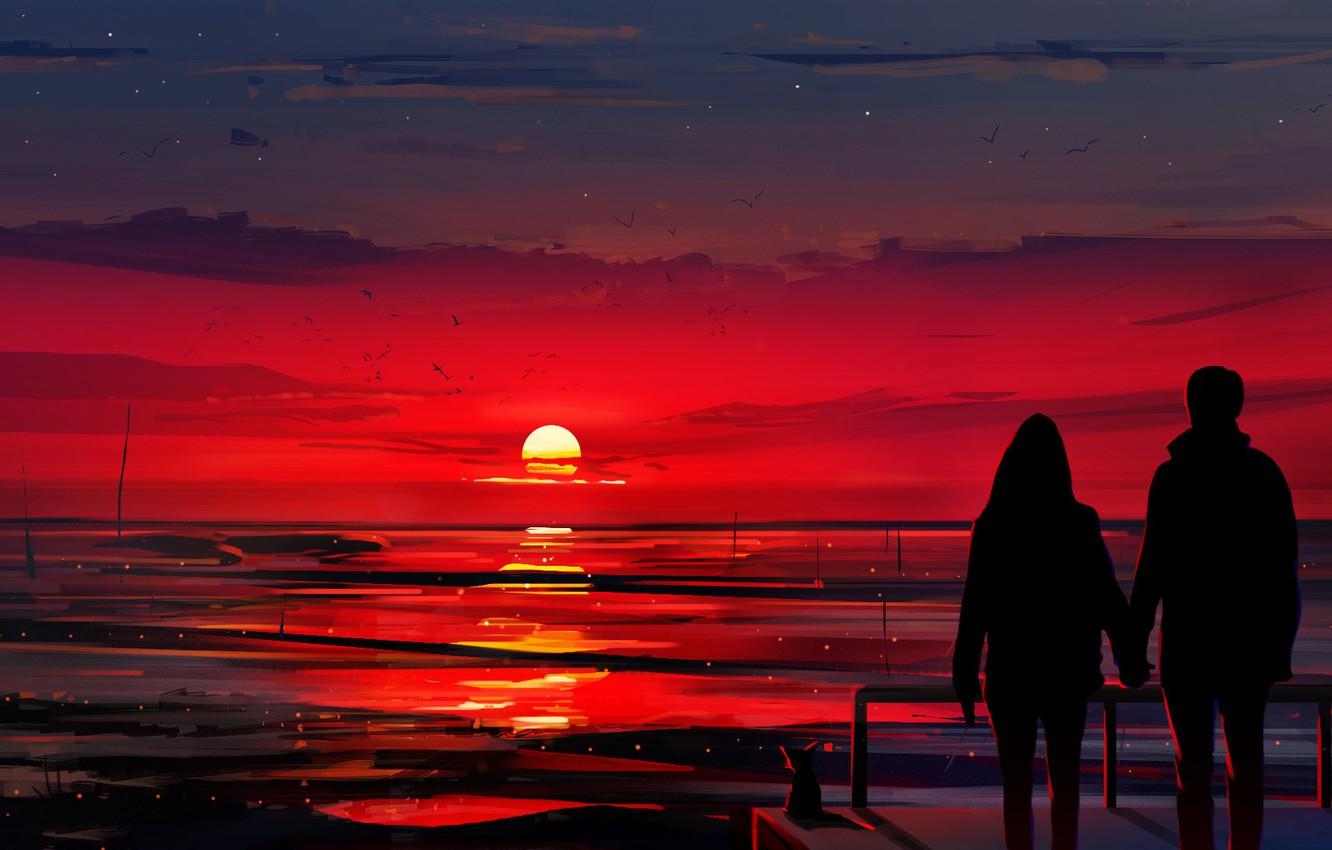 Wallpaper Sunset, The sun, The sky, Girl, Silhouette, Guy, Pair