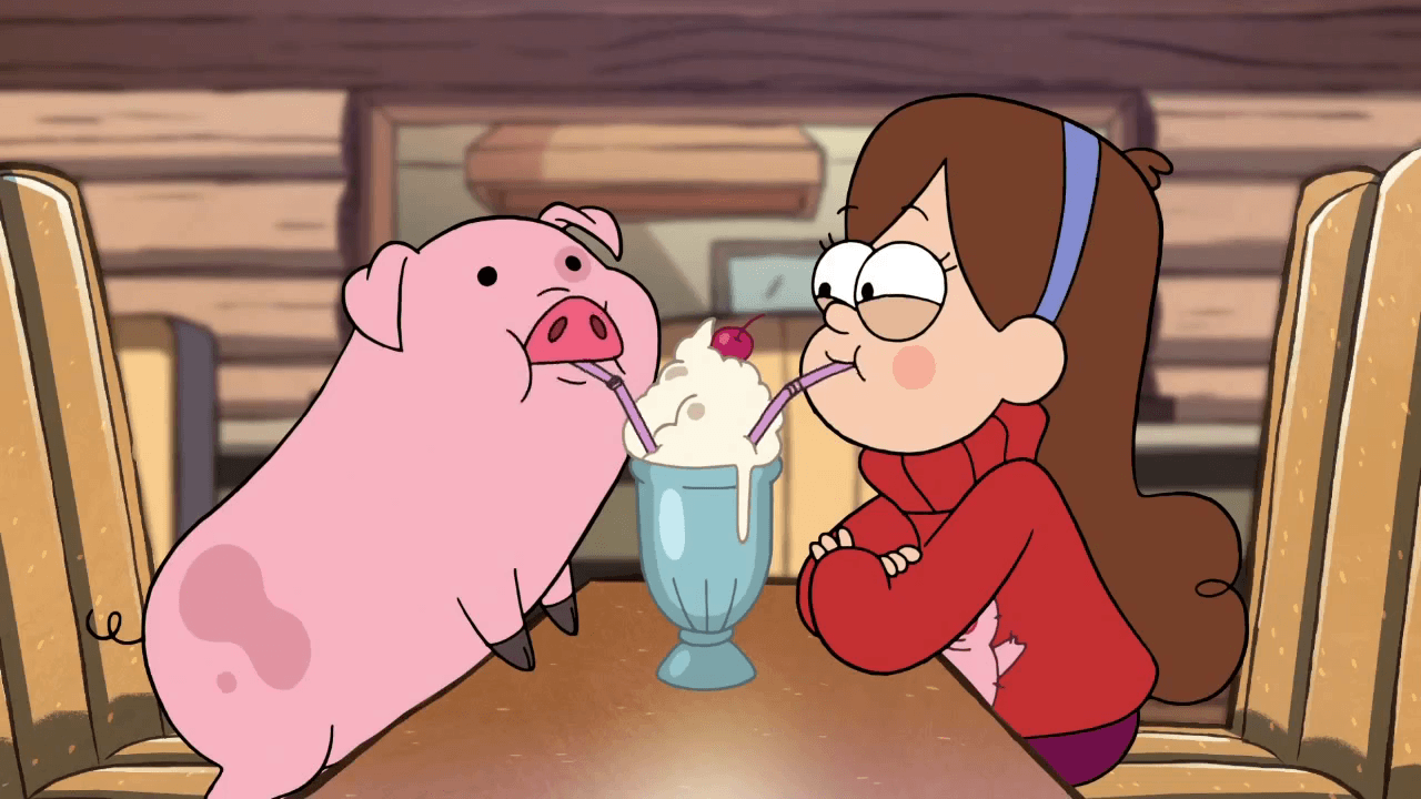 Mabel and Waddles drinking a shake. gravity falls. Gravity falls