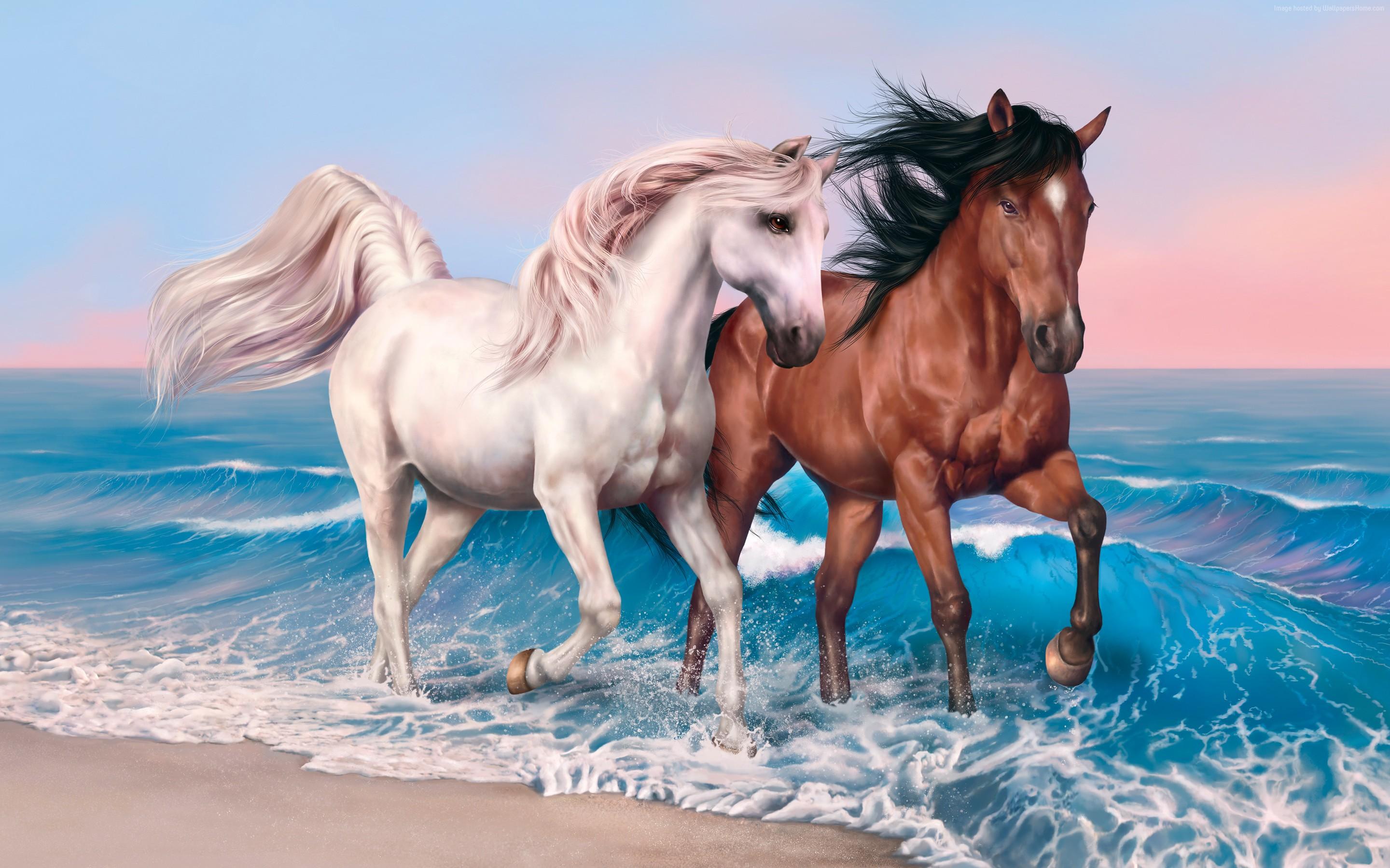 k, #HD wallpaper, #ocean, #sunset, #horses, #run, #brown