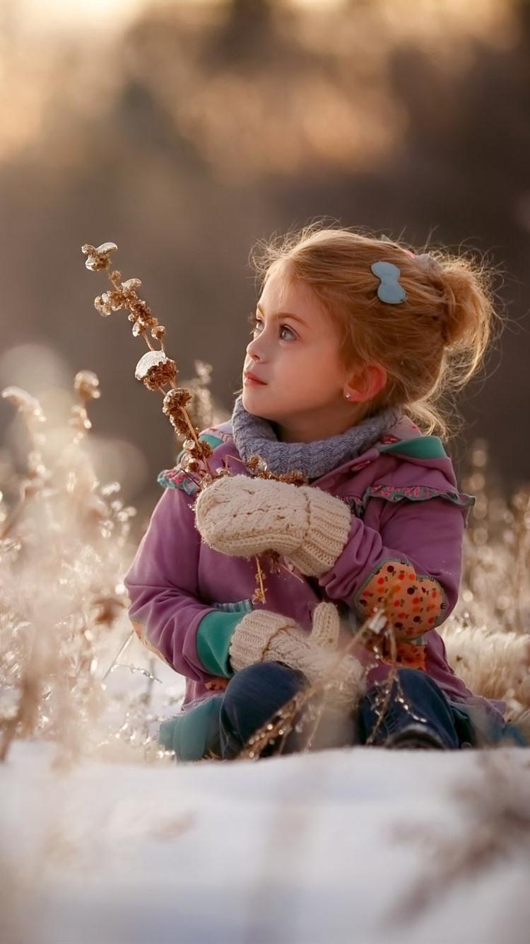 Cute Little Girl, Winter, Snow, Bushes 750x1334 IPhone 8 7 6 6S