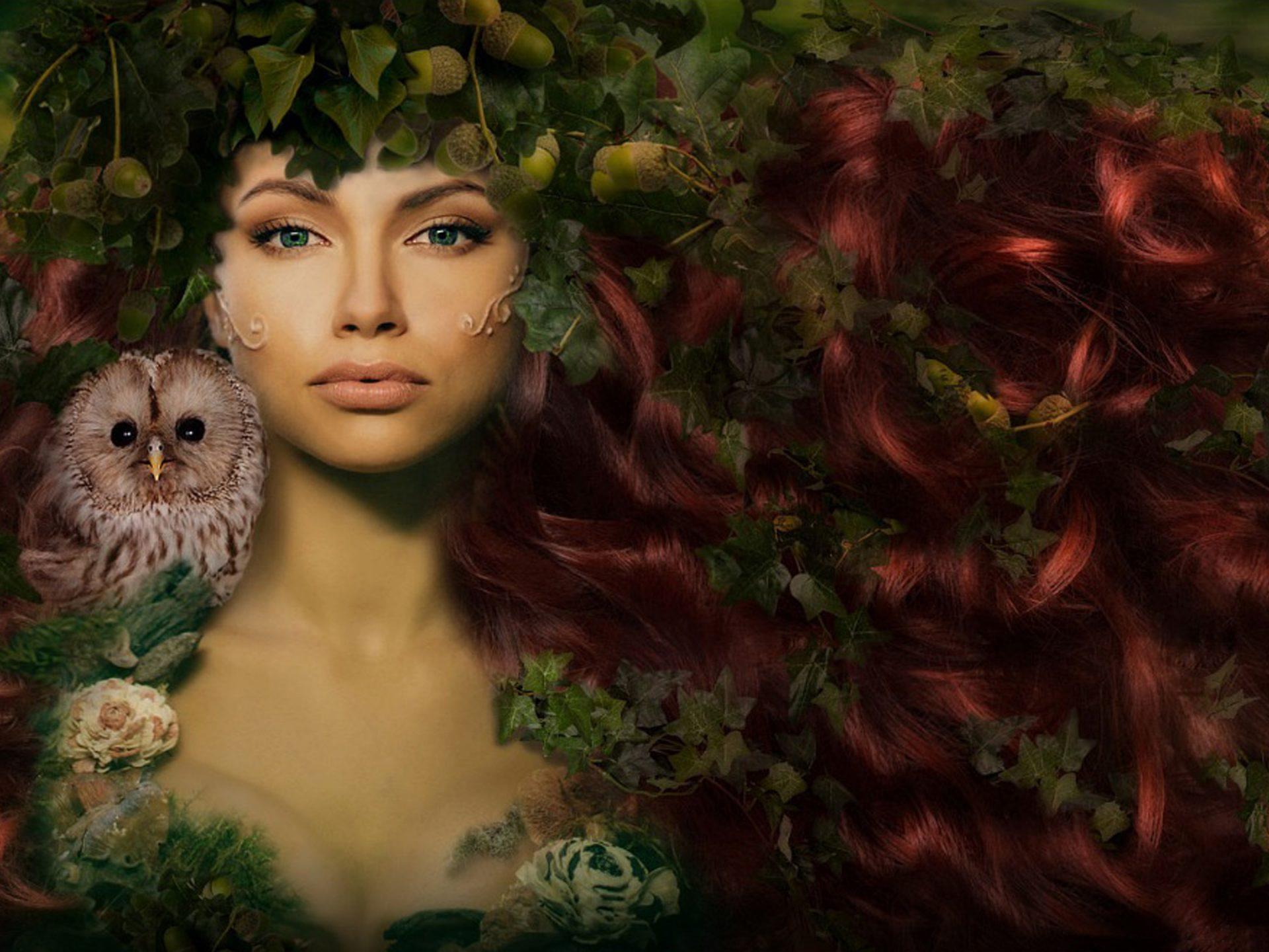 Lady Green Tree Leaves Red Hair Owl Fantasy Art HD Wallpaper