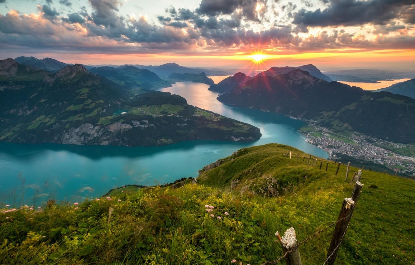 Wallpaper sunset, mountains, lake, Switzerland, Alps, panorama