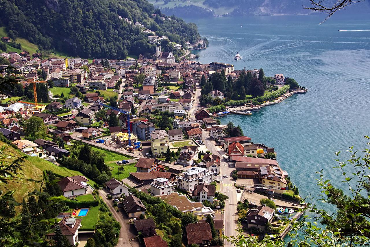 Picture Switzerland Gersau Lake Lucerne From above Cities Building