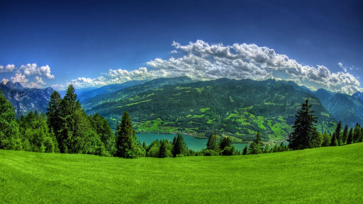 Mountains clouds landscapes trees grass towns Lake Lucerne wallpaper