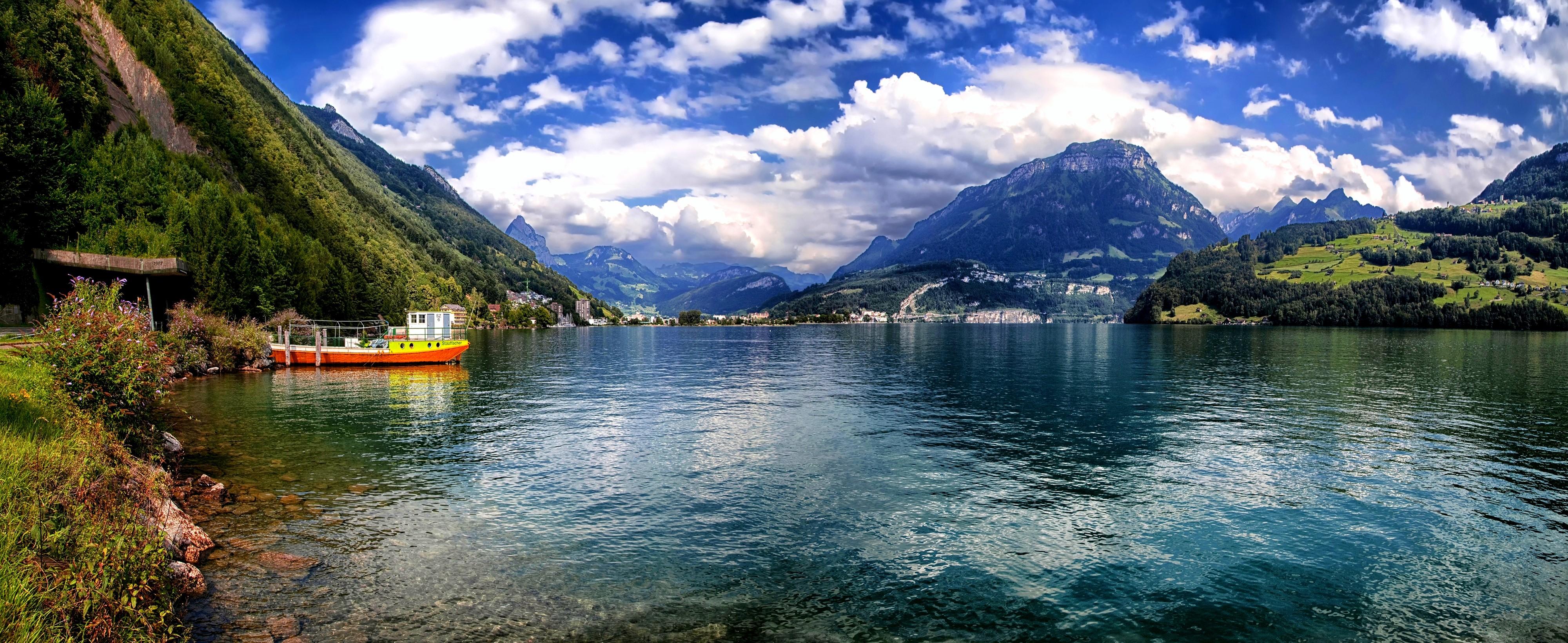 Lakes: Lake Lucerne Panoramic Switzerland Pan Grass Mountains Boat