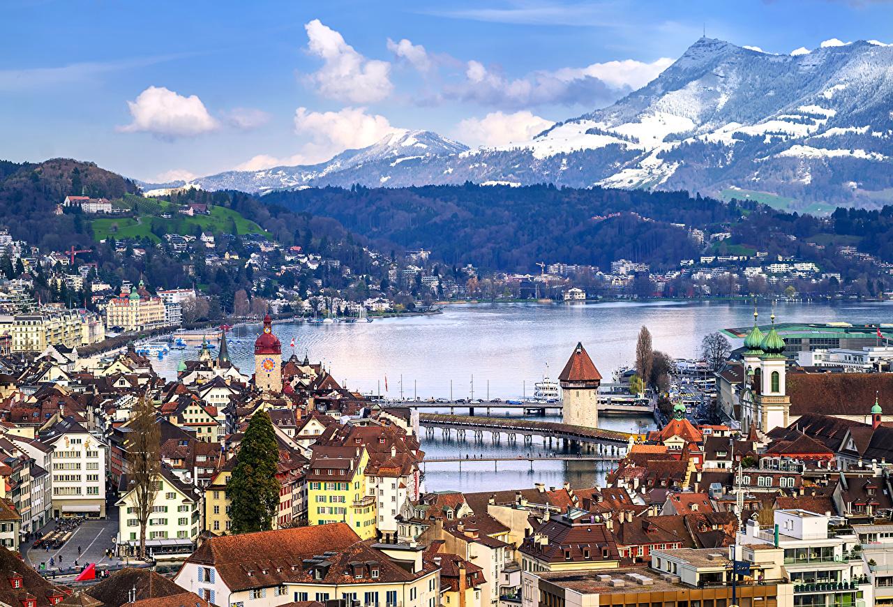 image Switzerland Lucerne Mountains Lake Cities Building