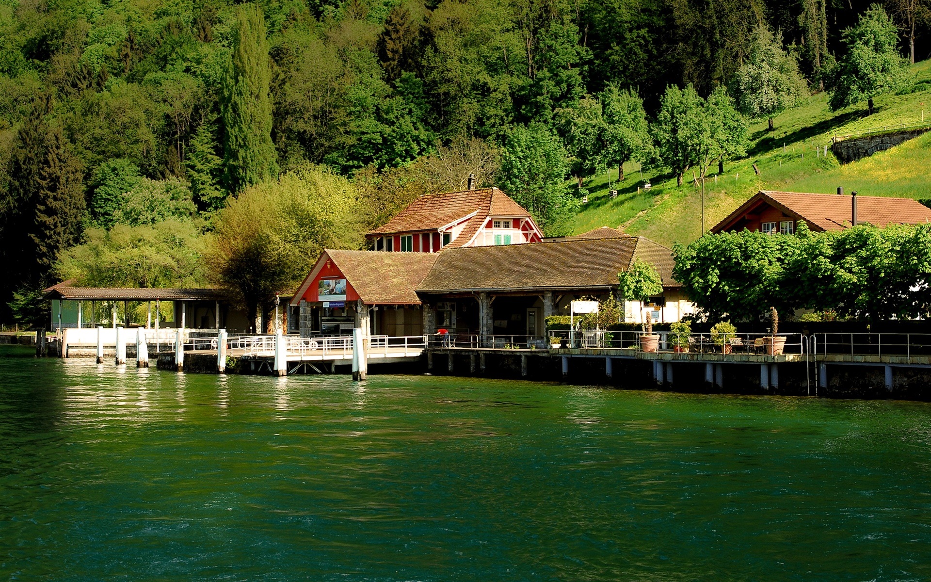 Wallpaper Switzerland, Burgenstock, Lake Lucerne, pier, houses