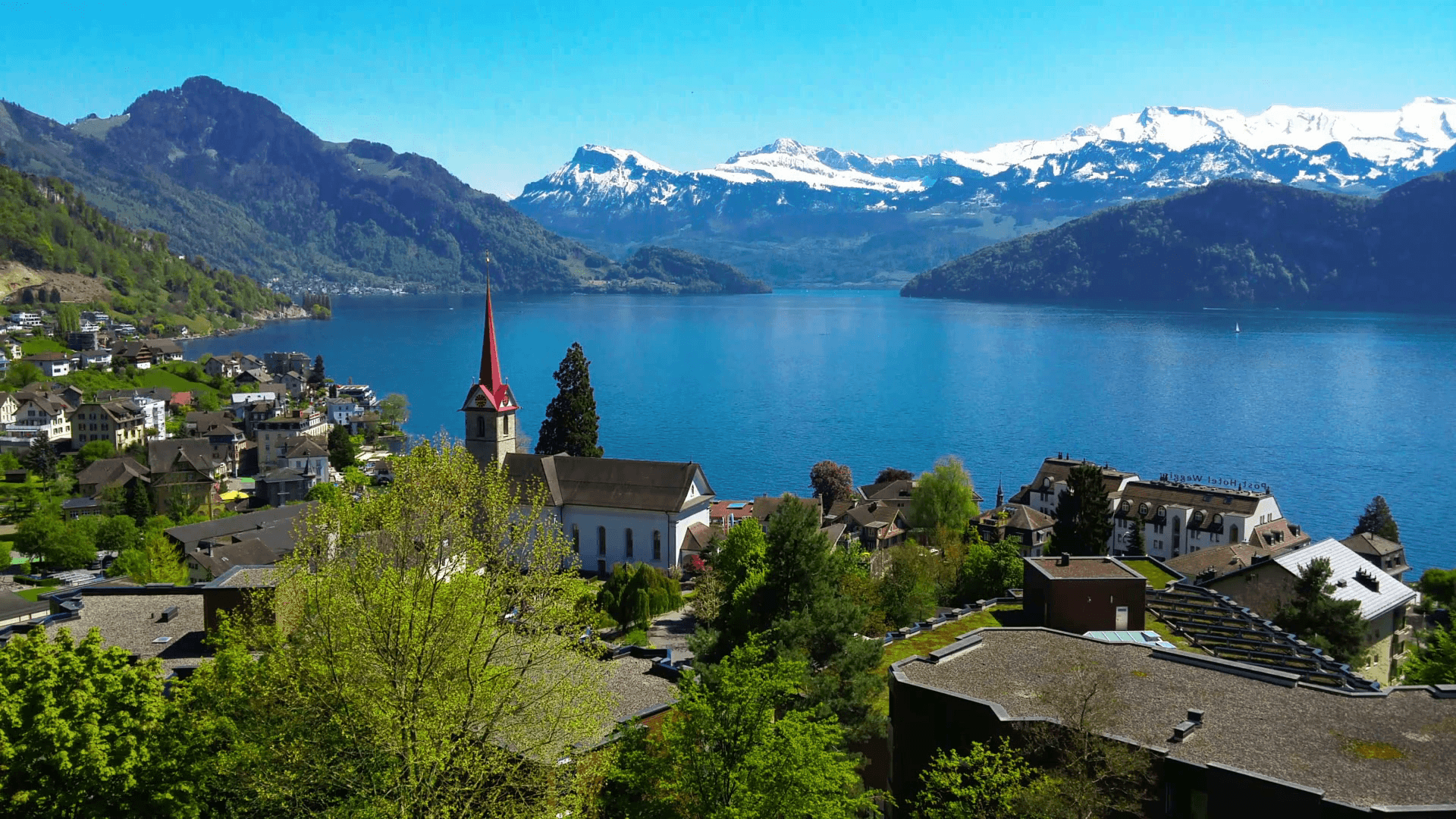 View to village Weggis, lake Lucerne (Vierwaldstatersee), Pilatus