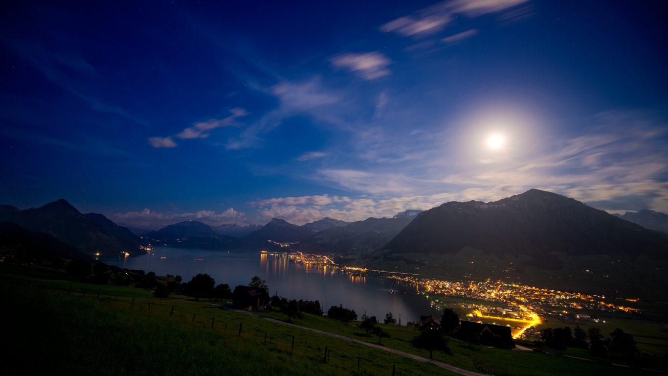 Lakes: Moonrise Beautiful Lake Lucerne Mouantains City Lights Moon