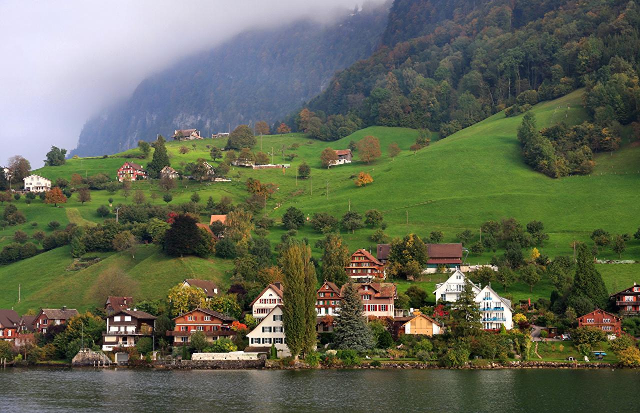 image Switzerland Lucerne Lake Grasslands Cities Houses