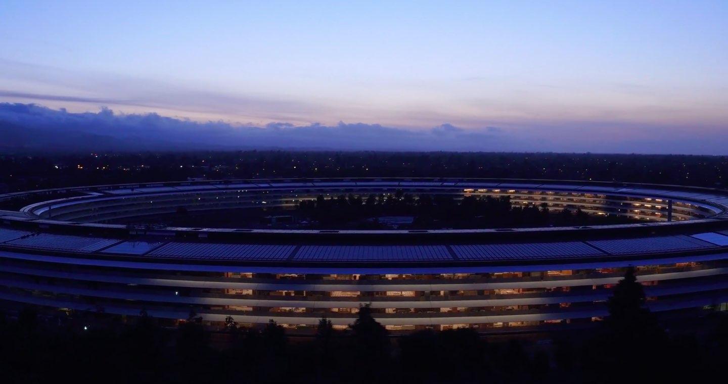 Check out breathtaking aerial views of Apple Park building lit up at