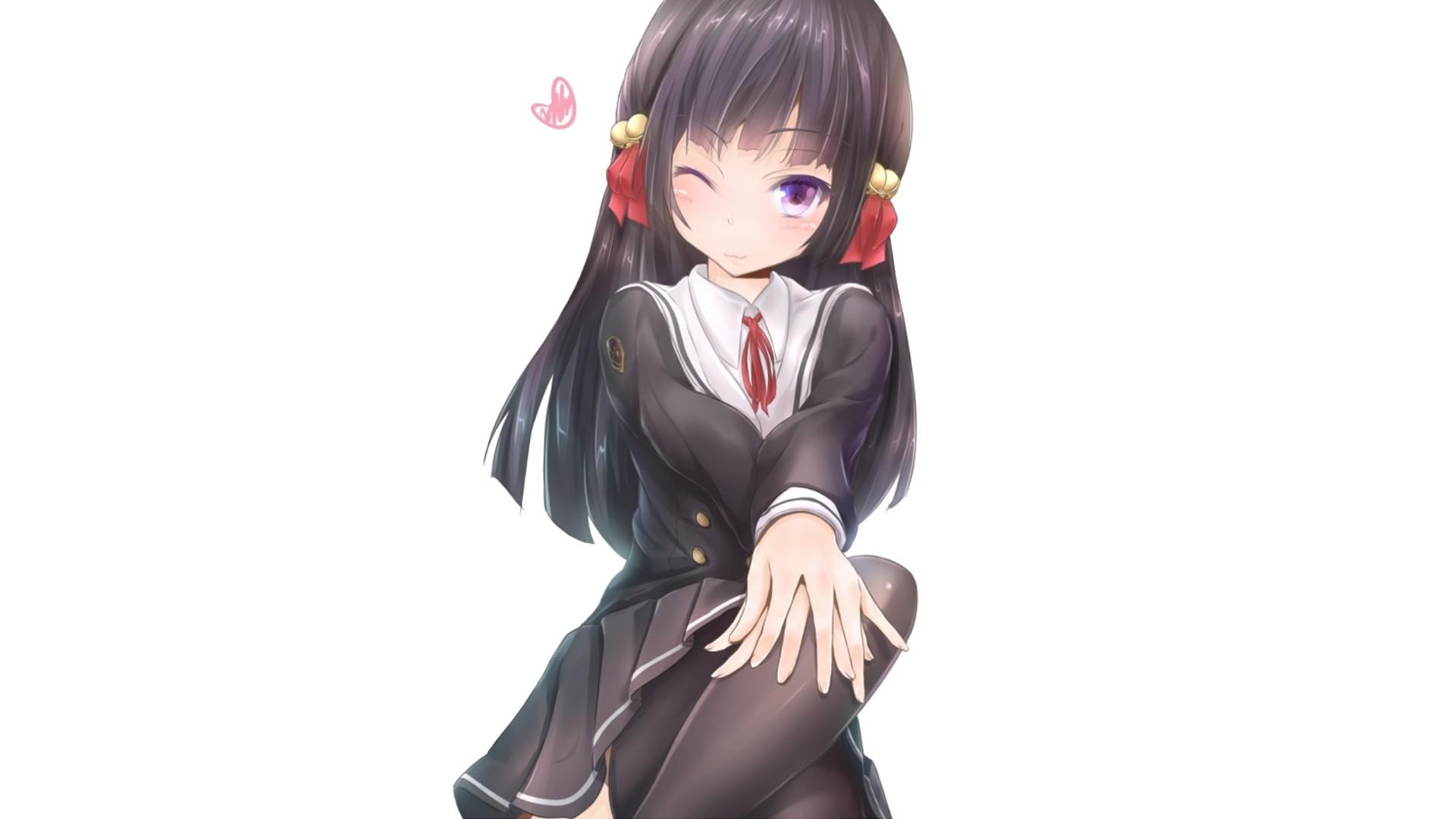 school uniforms, long hair, blush, purple eyes, wink, anime girls