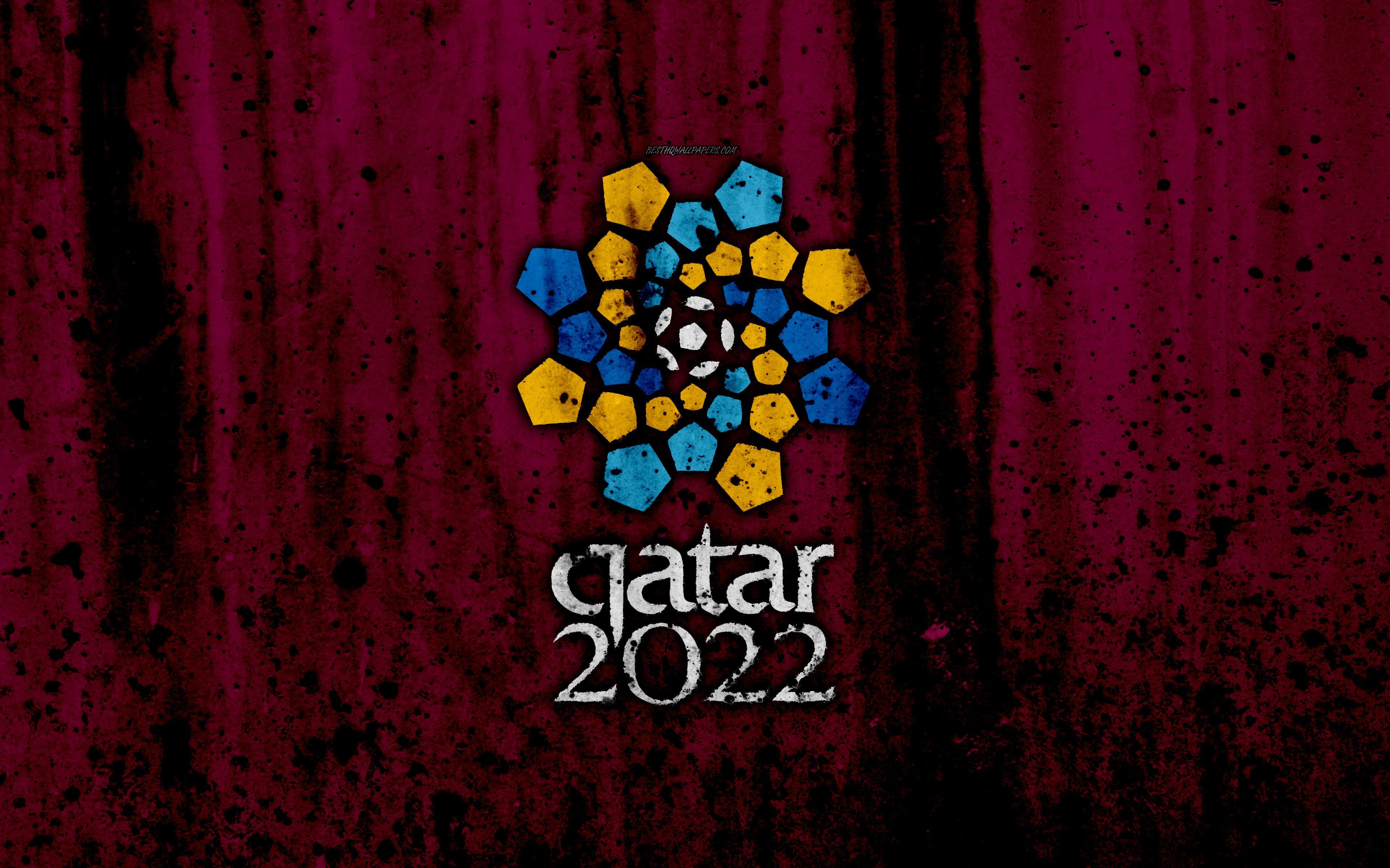 Download wallpaper Qatar 2022 FIFA World Cup, 4k, logo, grunge, Qatar maroon backgroud, 2022 FIFA World Cup for desktop with resolution 3840x2400. High Quality HD picture wallpaper