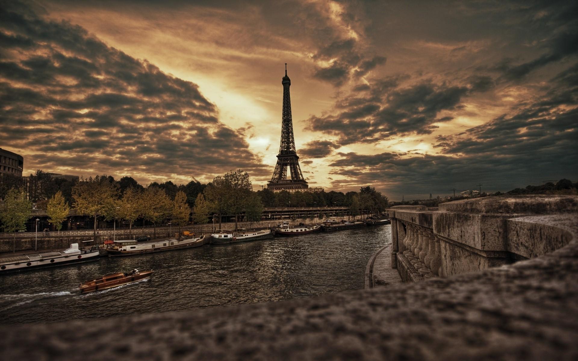 city paris france eiffel tower river clouds overcast sunset