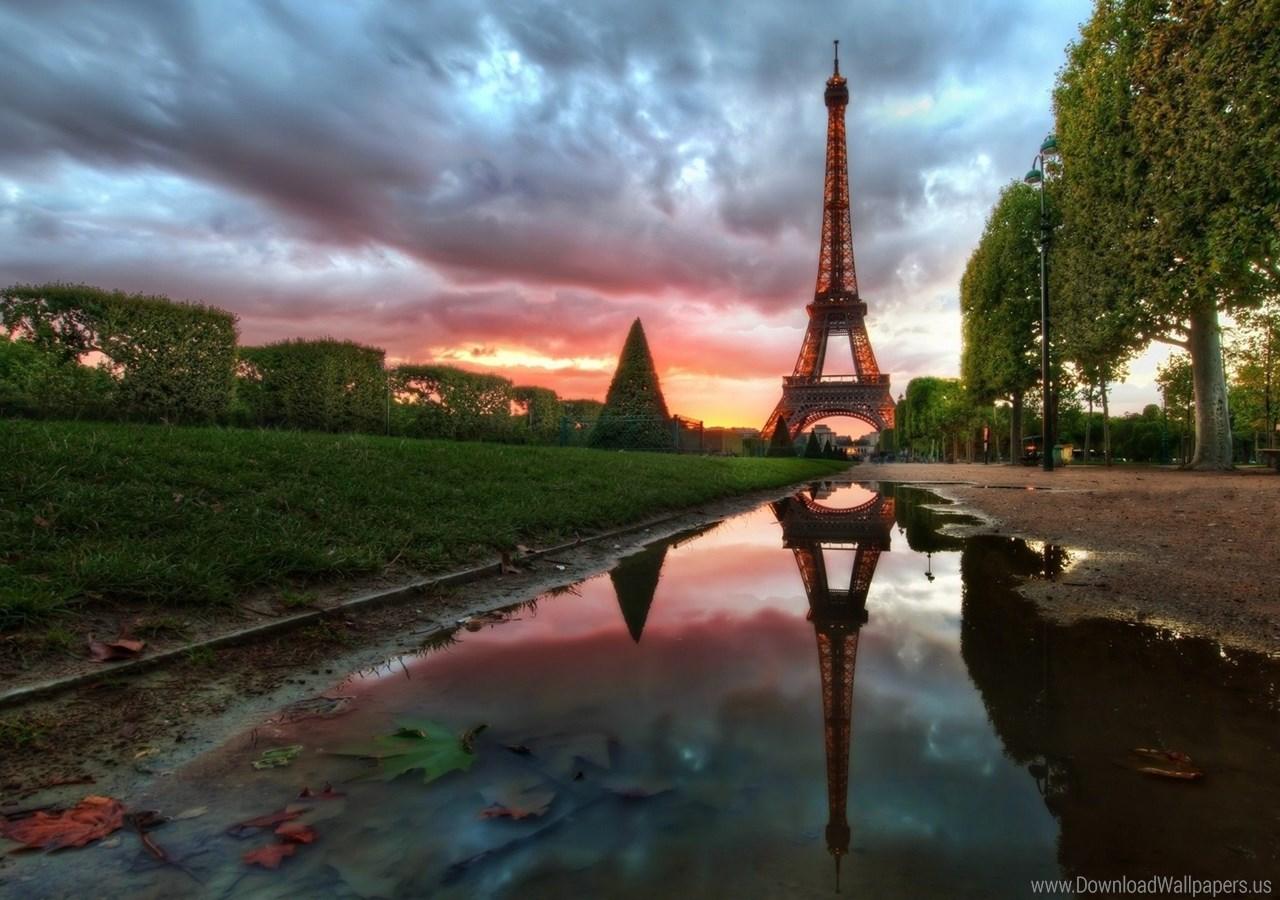 Download 1280x900 Tower, France, Paris, Reflection, Sunset