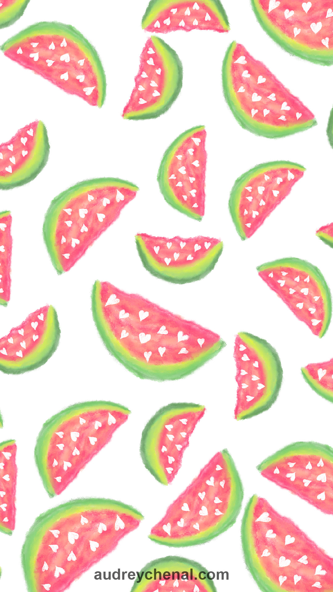 Summer hand painted pink teal watercolor watermelons fruits and hearts pattern wallpaper