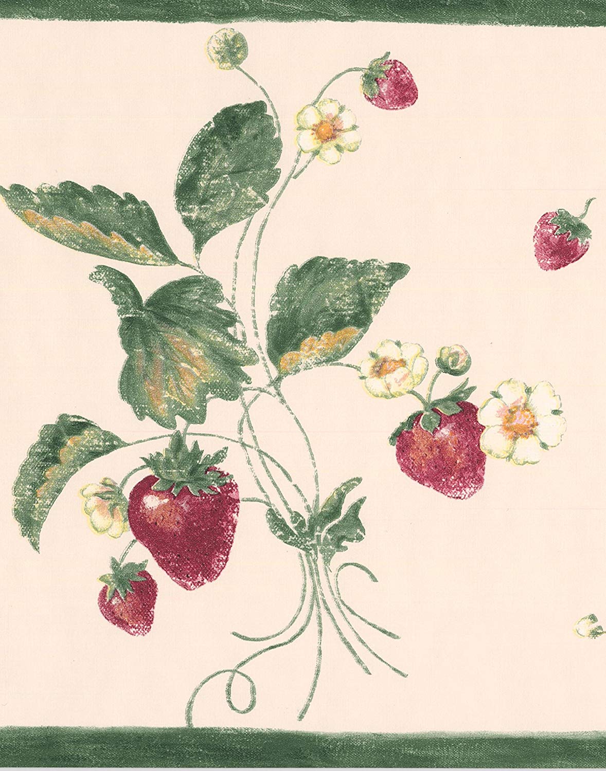 Red Wild Strawberry White Flowers Beige Wide Wallpaper Border Retro