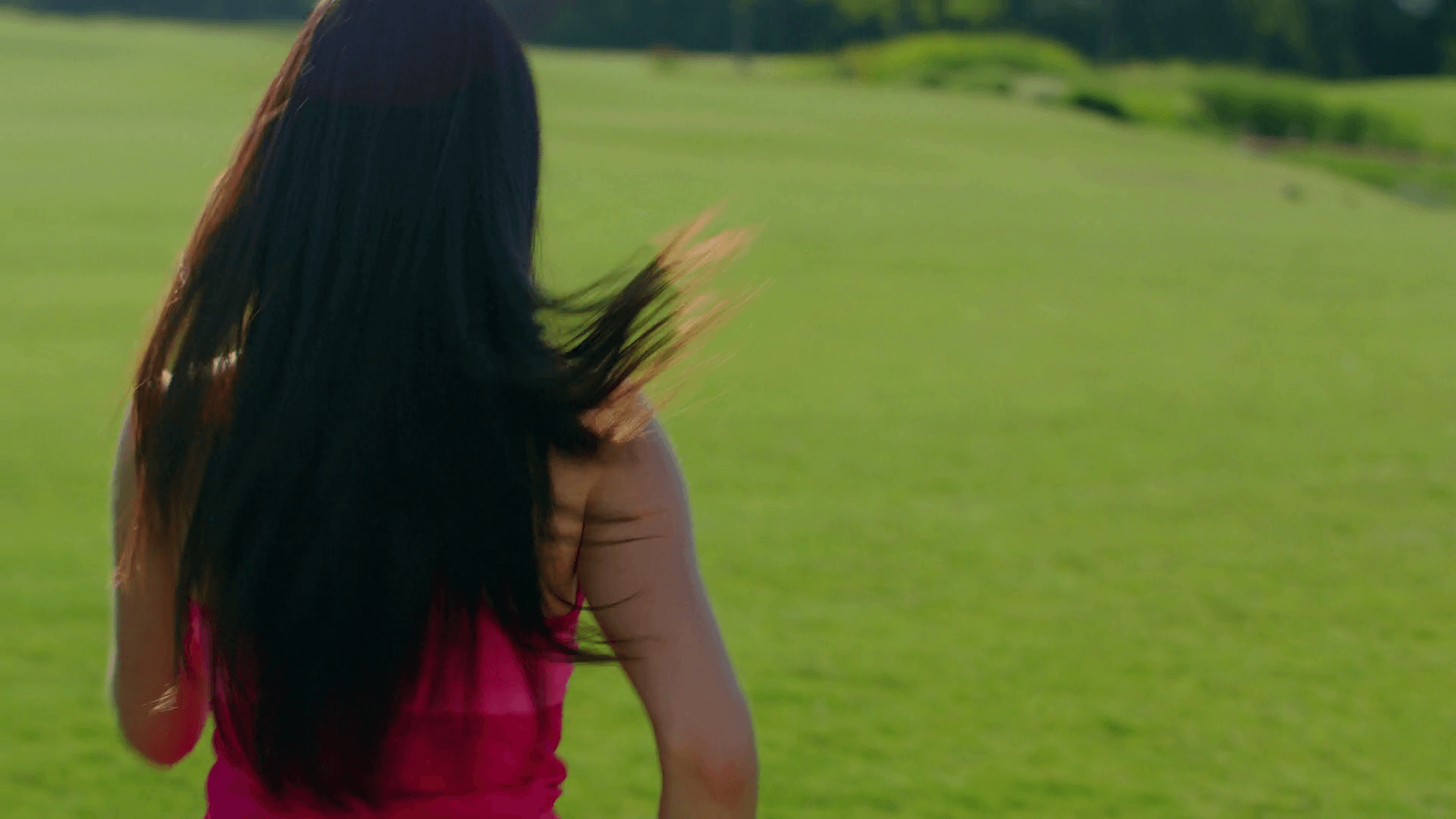 Long hair woman running in park. Back of running woman in slow motion. Close up of woman running away outdoors. Running woman with long hair. Fit girl run outdoors. Sport girl run