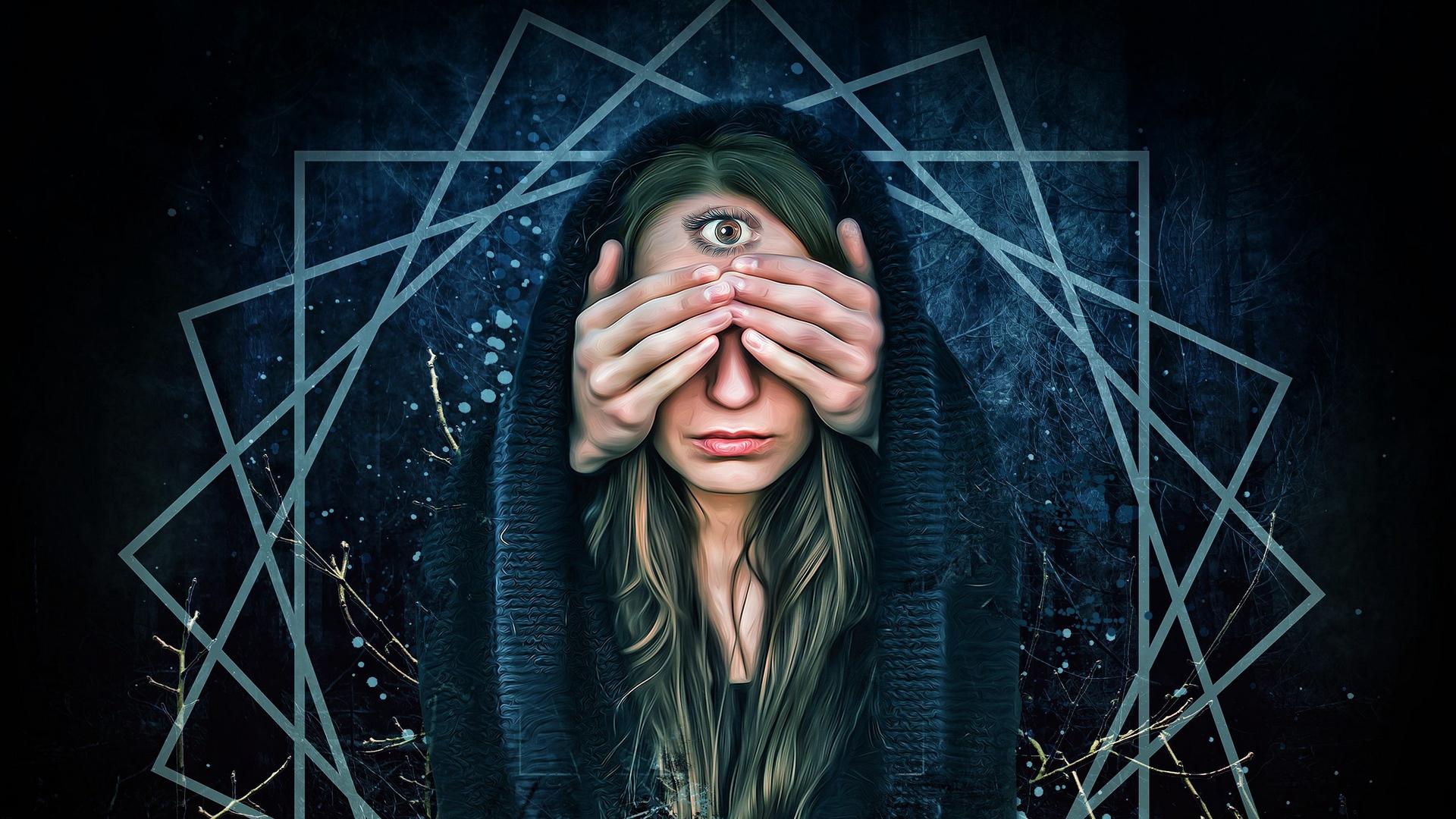 Download wallpaper 1920x1080 third eye, eyes, hands, art full HD