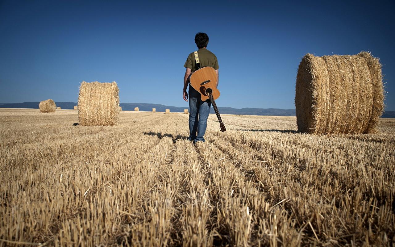 Wallpaper Man Guitar Nature Fields Hay Straw