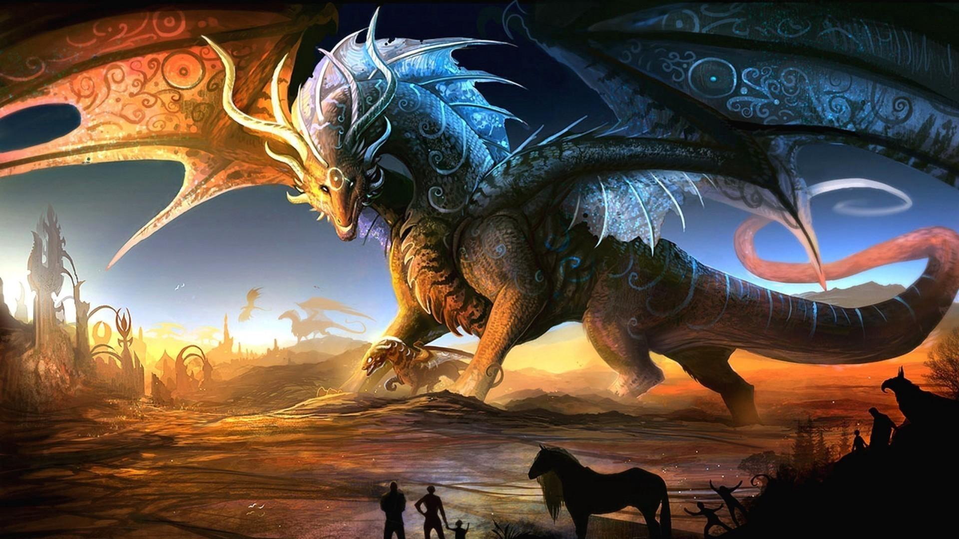 Download wallpaper 1920x1080 dragons, mother, cub, people, animals