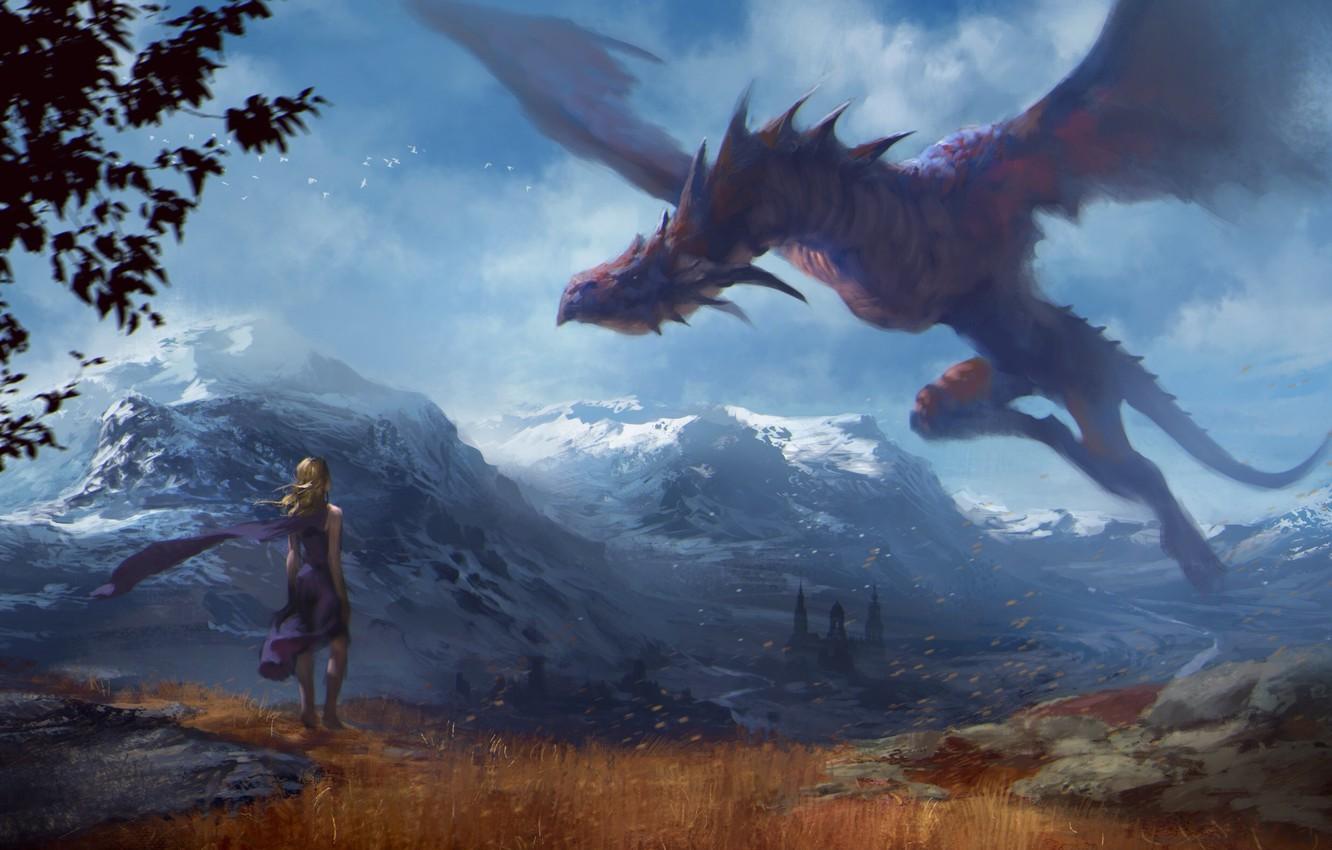 Wallpaper flight, mountains, dragon, Girl, Art, game of thrones, Daenerys Targaryen, Mother of Dragons image for desktop, section фантастика