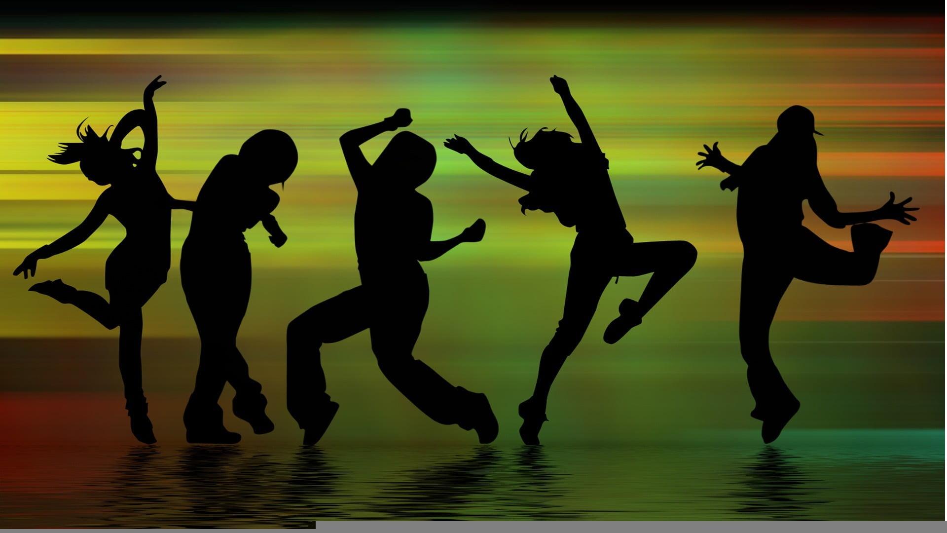 HD wallpaper: silhouette of five women dancing wallpaper, music