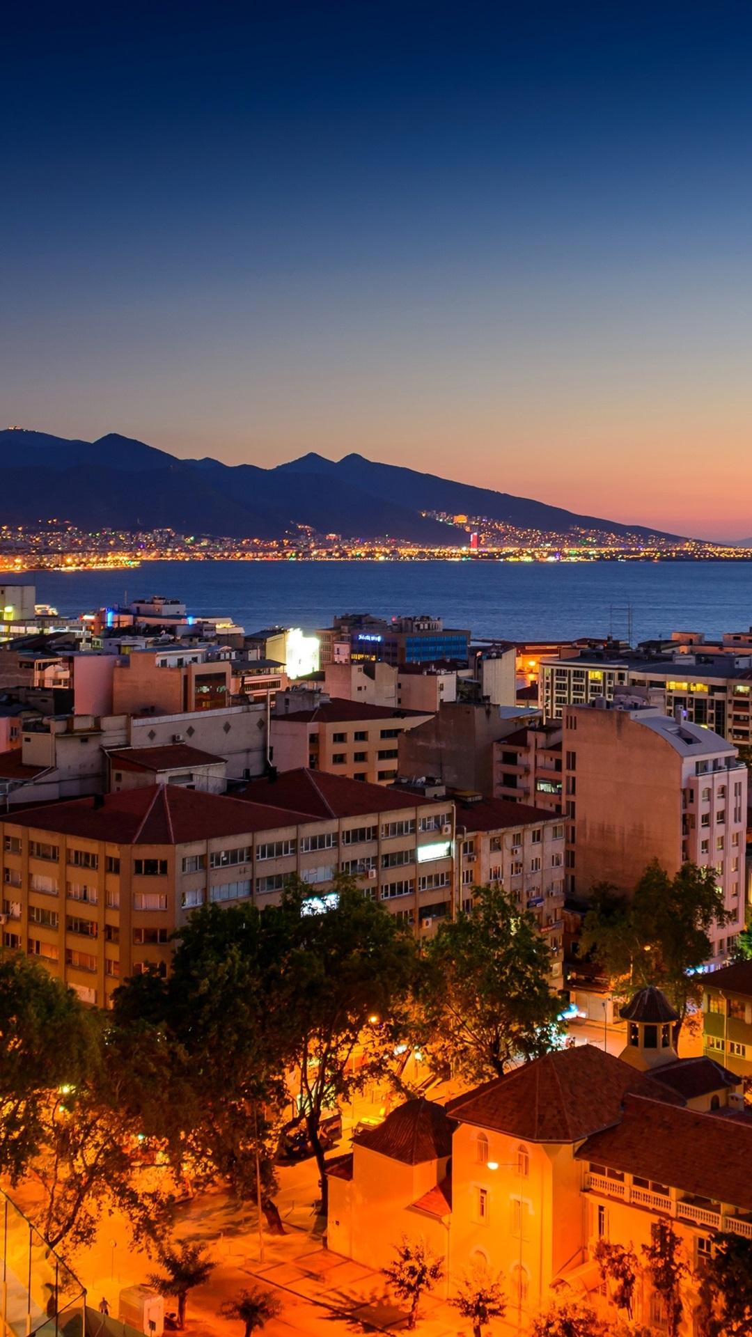 Turkey, Izmir, night, houses, sea, coast, lights 1080x1920 iPhone 8