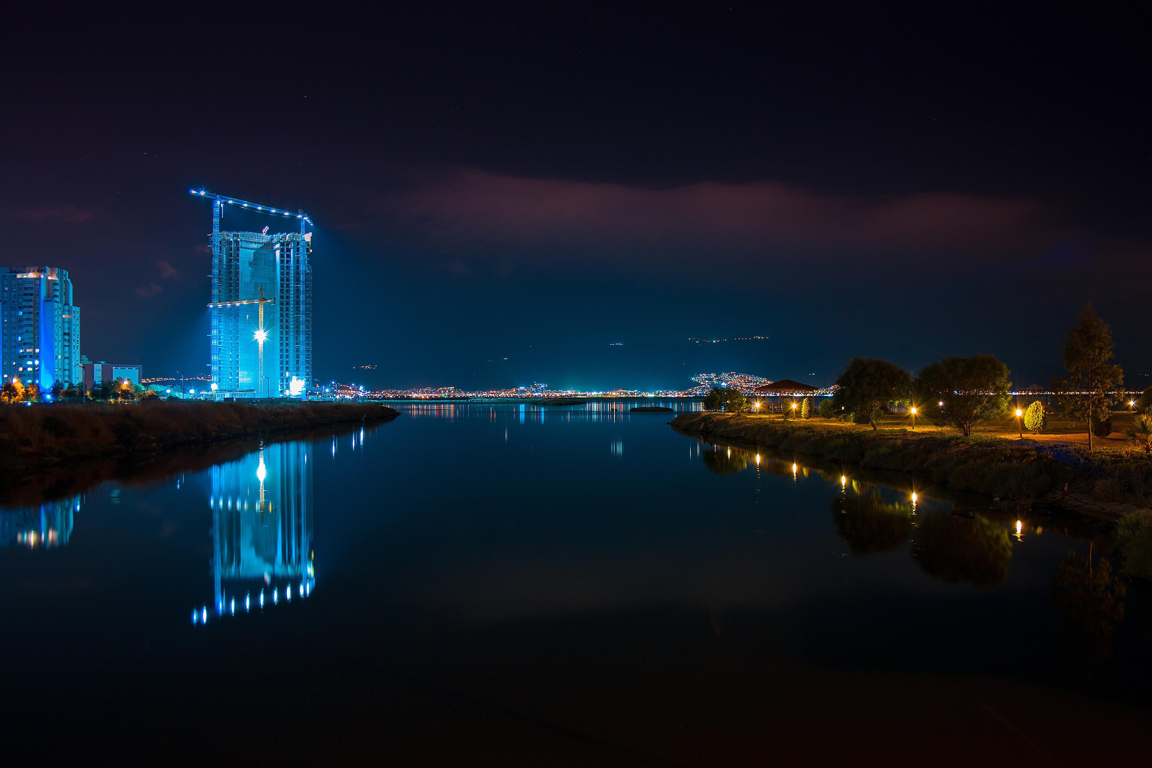 Wallpaper İzmir, Cityscape, Night, Reflections, Neon, 4K, World