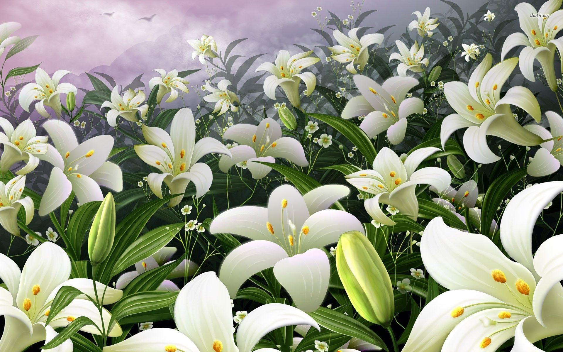 Garden of white lilies wallpaper Art wallpaper