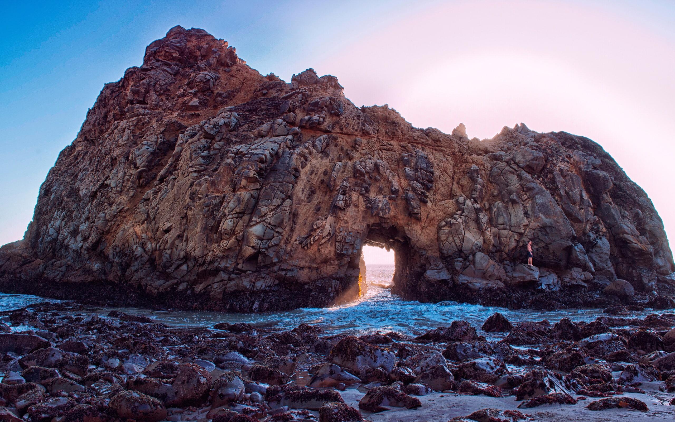 HD wallpaper: Pfeiffer Beach, California, USA, rocks, arch, sun rays