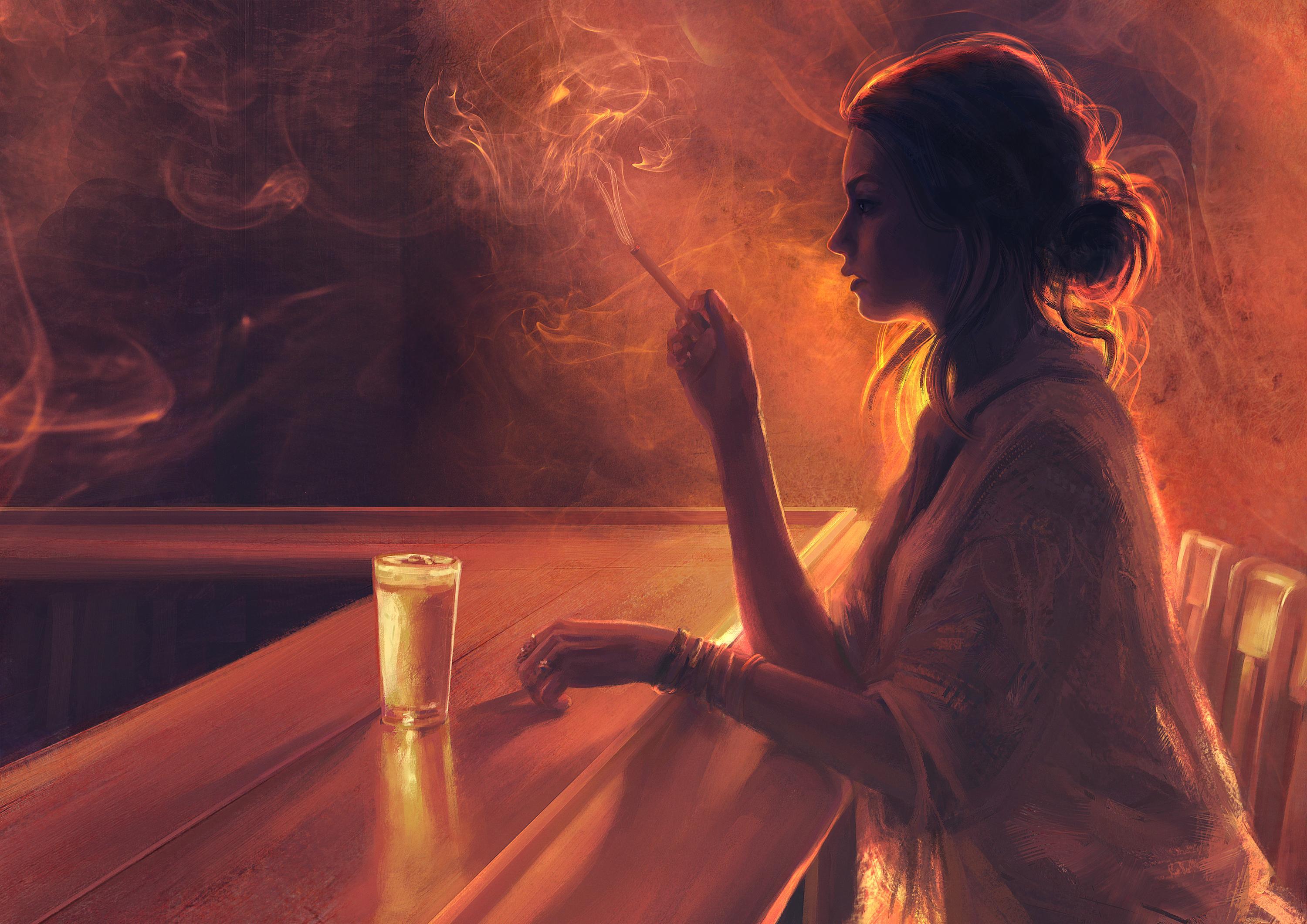 Painting of a Woman Alone in a Bar HD Wallpaper. Background Image