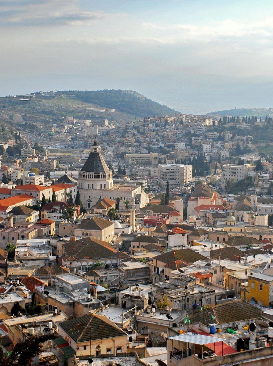 An aerial view of the old town of Nazareth, with the Church