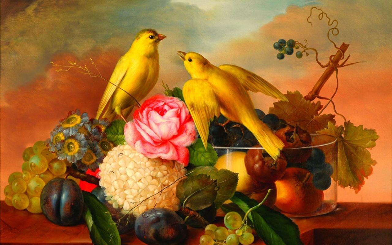 Yellow Birds Flowers & Fruits wallpaper. Yellow Birds Flowers
