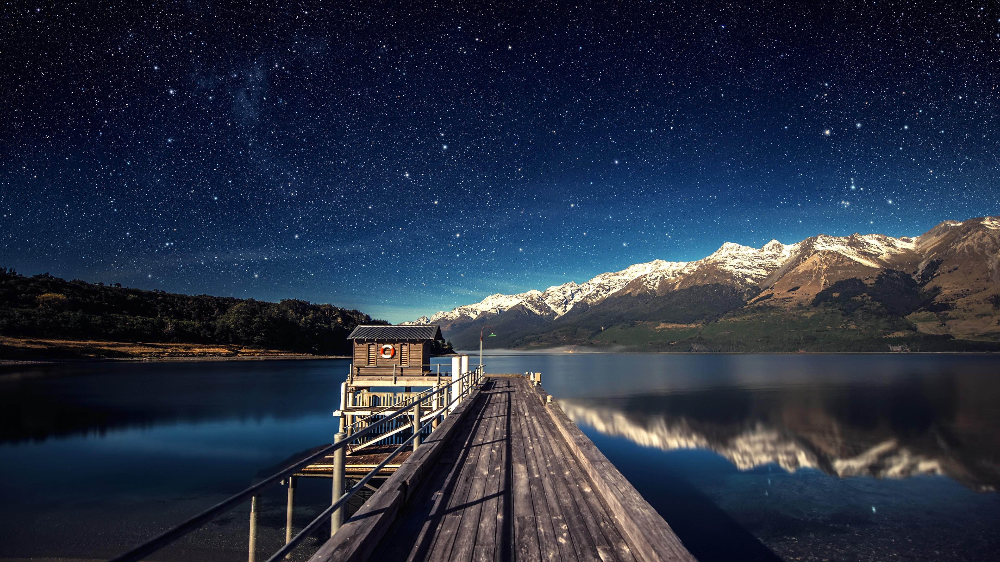 3840x2160 stars blue landscape reflection lake mountain