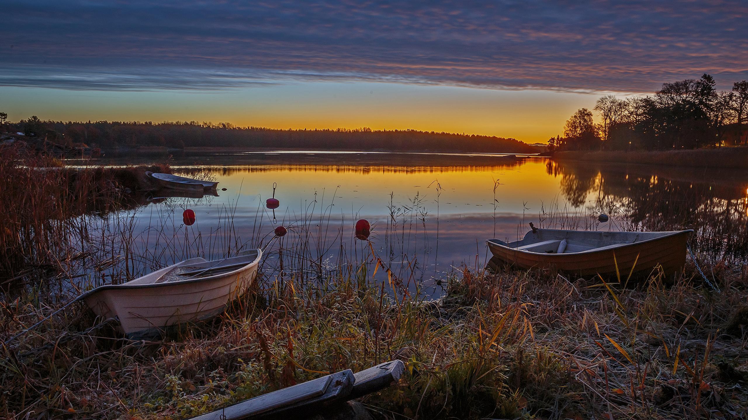 Wallpaper Sweden Nature Autumn Lake Boats Evening 2560x1440