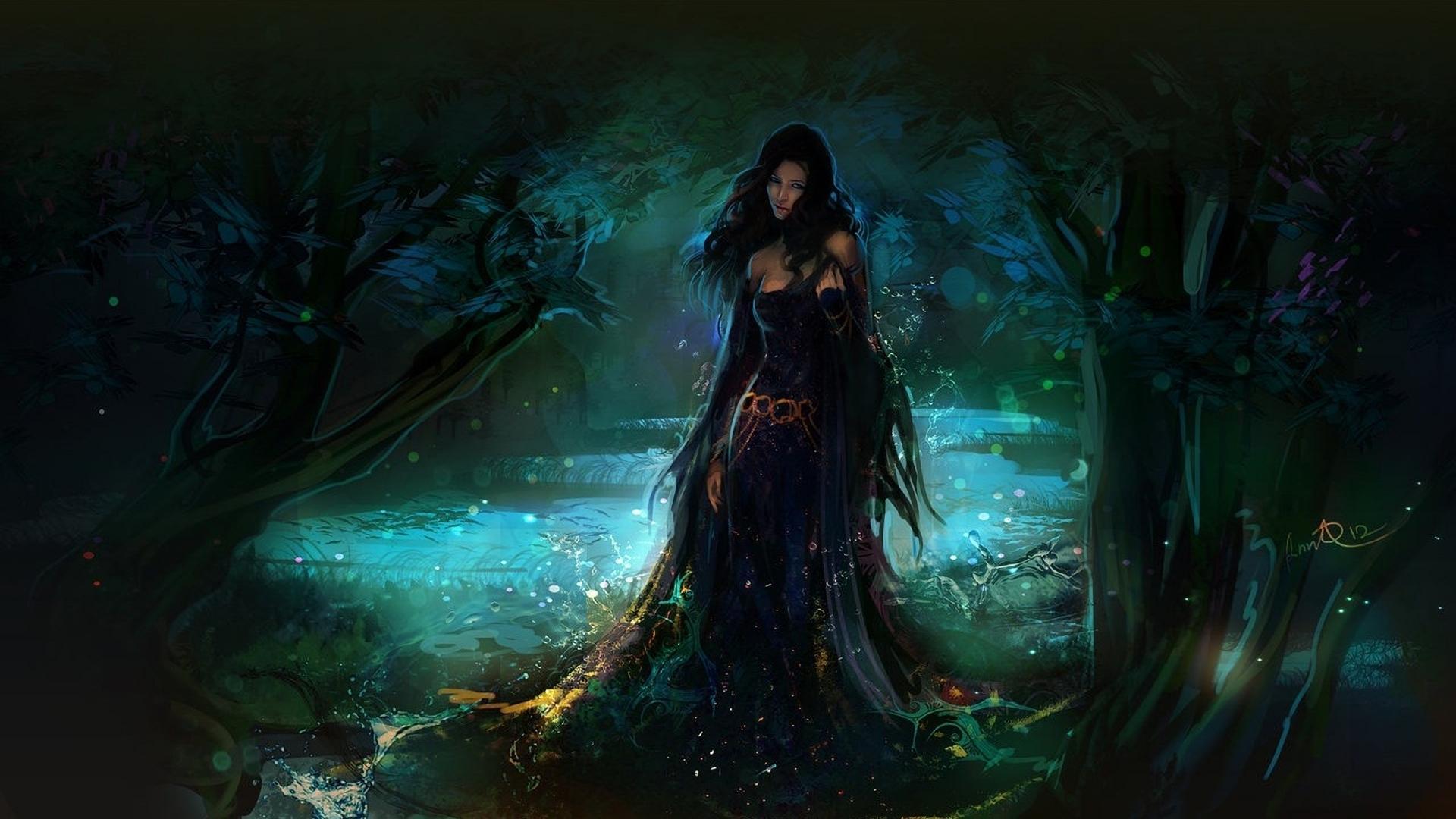 Full HD Wallpaper magic night forest sorceress, Desktop Background